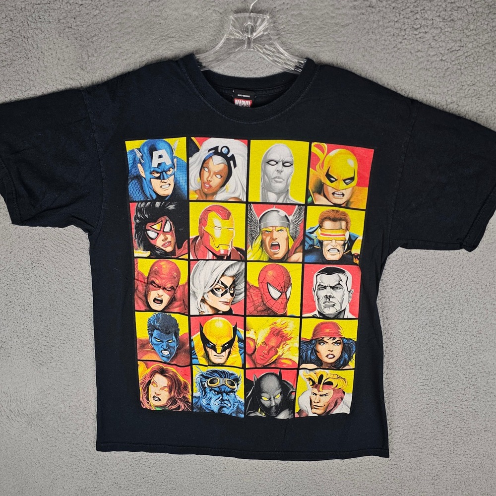 Mad Engine T-Shirt Men L Black Marvel Comics Grid Characters Graphic Tee Y2K